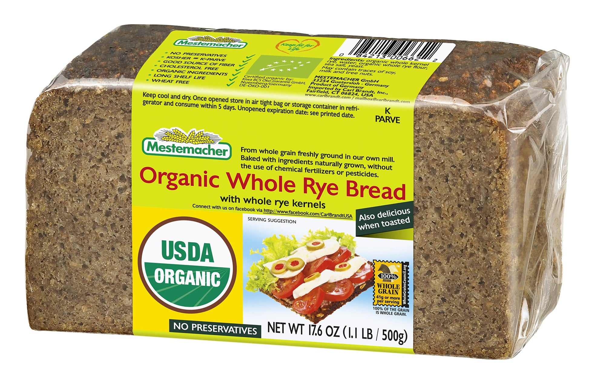 Mestemacher Bread, Organic Whole Rye, 17.6 Ounce Packages (Pack of 12)