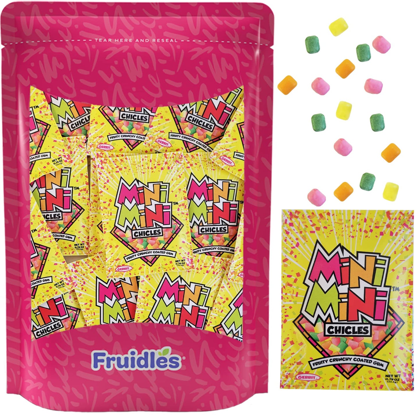 Fruidles Mixed Fruit Flavors Mini Chiclets Gum, Square Chicle Gum Tabs, Crunchy Candy Coated Gum, Candy Buffet Treats, Gluten-Free (6-Pack)