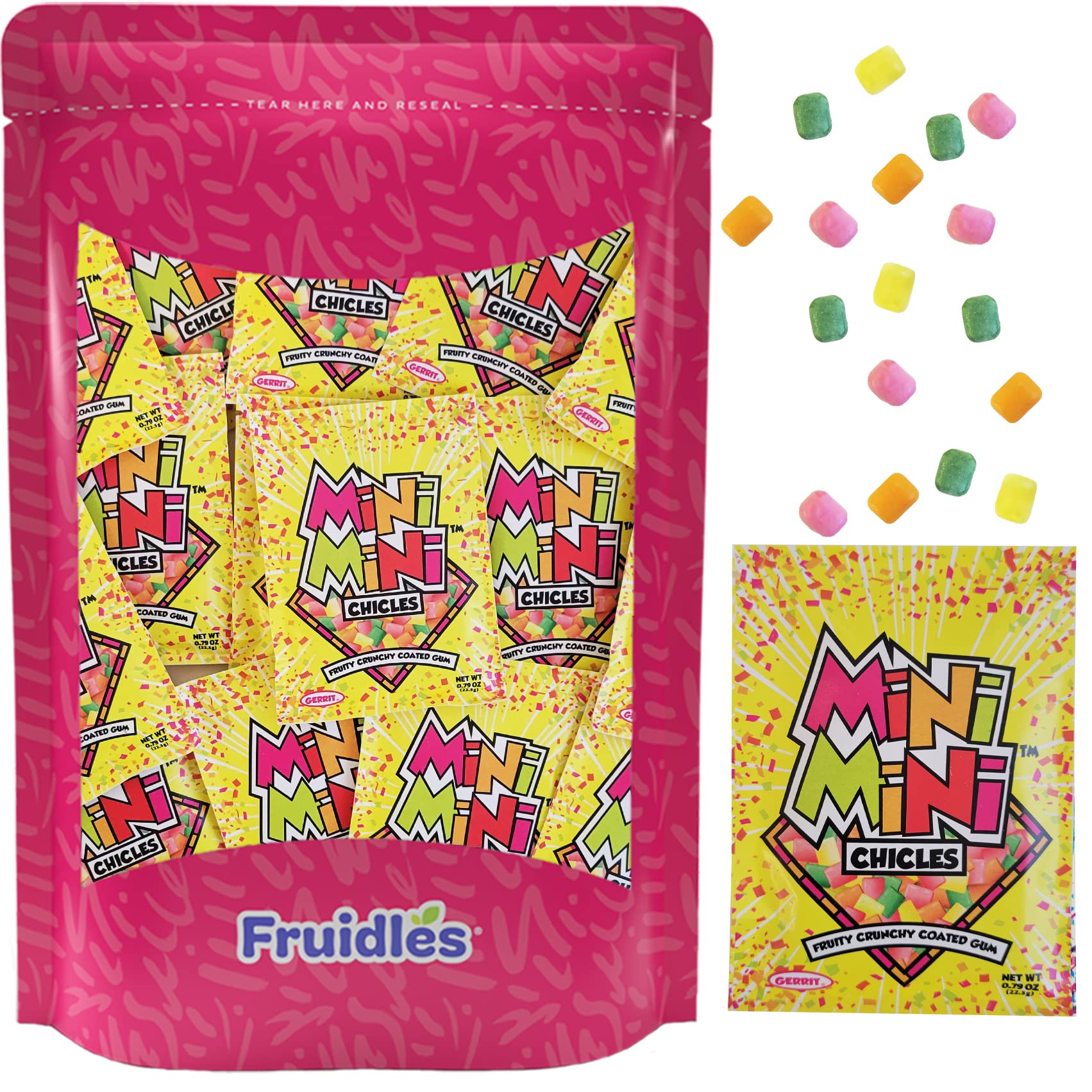 Fruidles Mixed Fruit Flavors Mini Chiclets Gum, Square Chicle Gum Tabs, Crunchy Candy Coated Gum, Candy Buffet Treats, Gluten-Free (6-Pack)