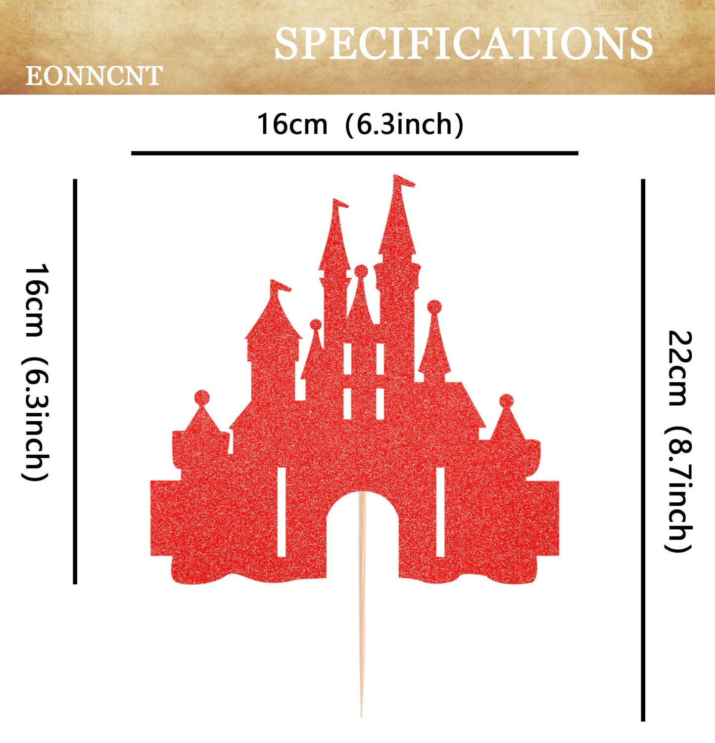 EONNCNT Castle Cake Topper - Red Glitter Cardboard Decoration for Birthday Parties and Baby Showers
