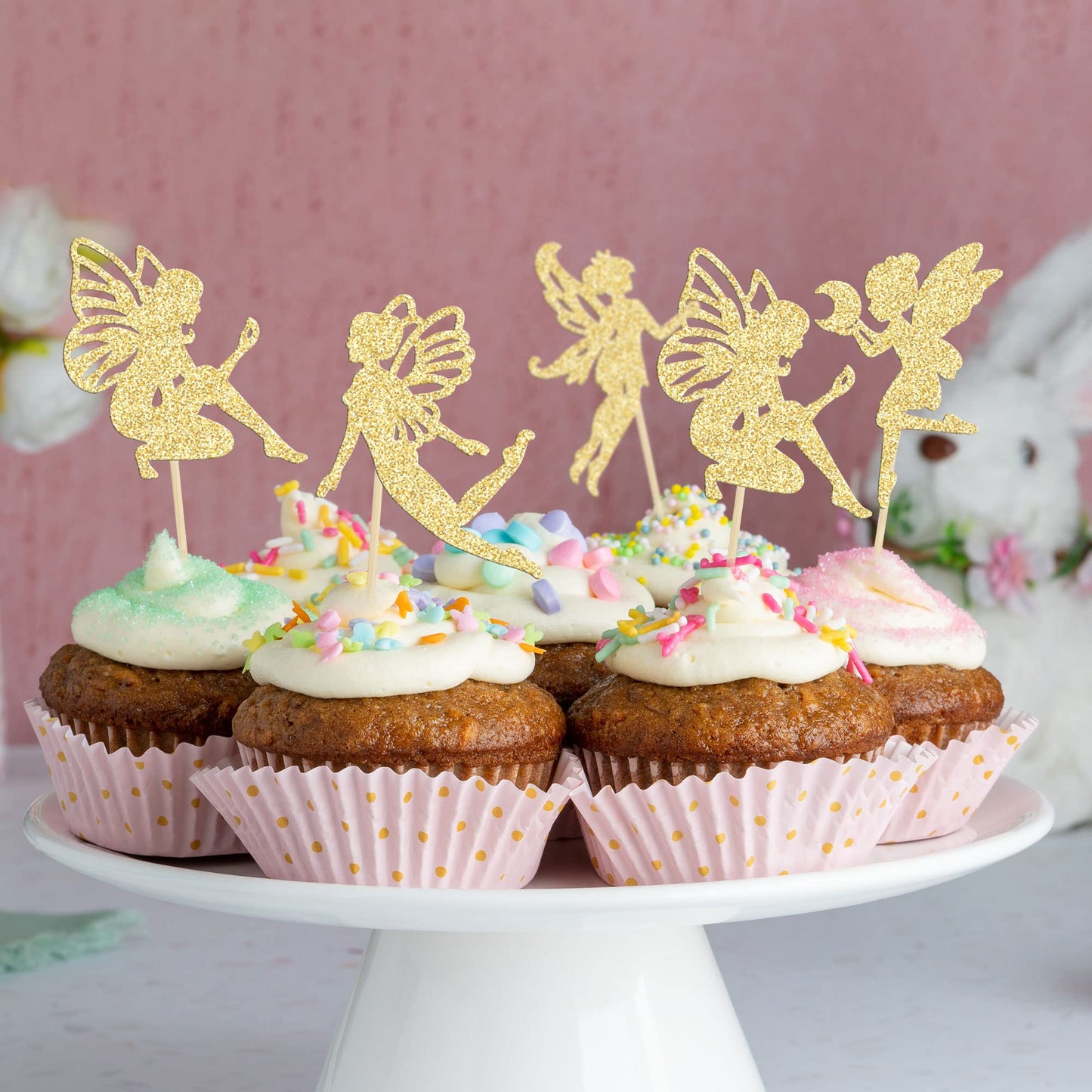Gyufise 36Pcs Fairy Cupcake Toppers Gold Glitter Flower Angel Fairy Cupcake Picks Ballet Dancer Cupcake Topper For Wedding Brida