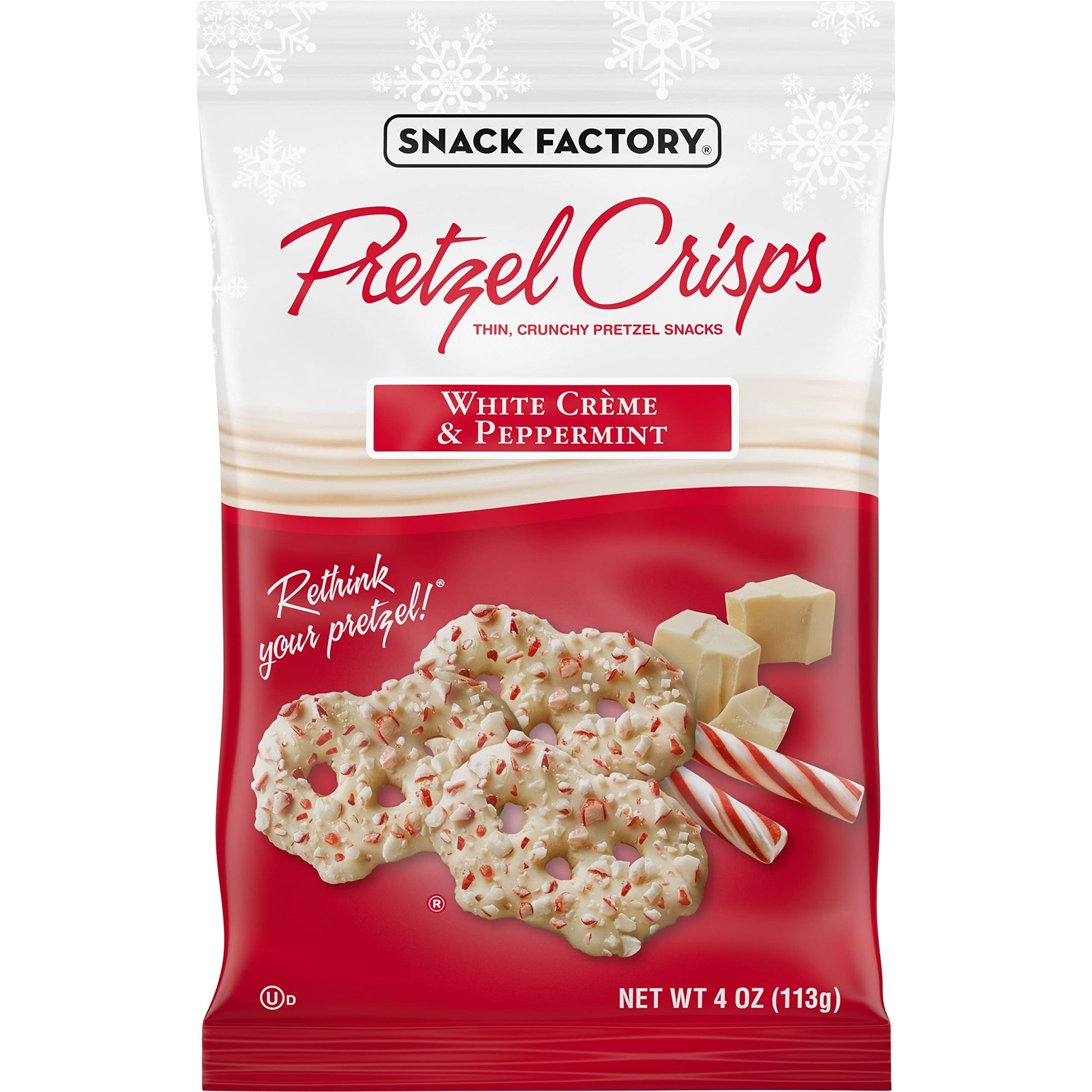Snack Factory Pretzel Crisps, Holiday White Crme And Peppermint Covered Pretzels, 4 Oz