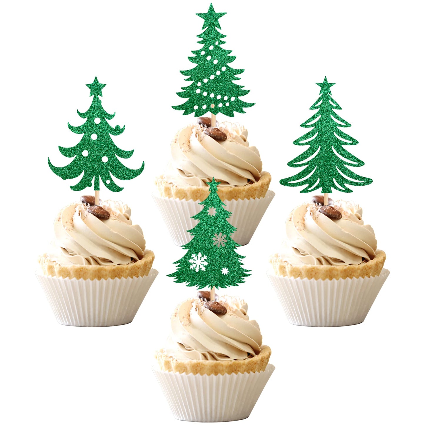 24 Pcs Christmas Tree Cupcake Toppers With Star Green Glitter Christmas Tree Cupcake Picks For Merry Christmas Theme New Year Holiday Baby Shower Kids Birthday Party Cake Decorations Supplies