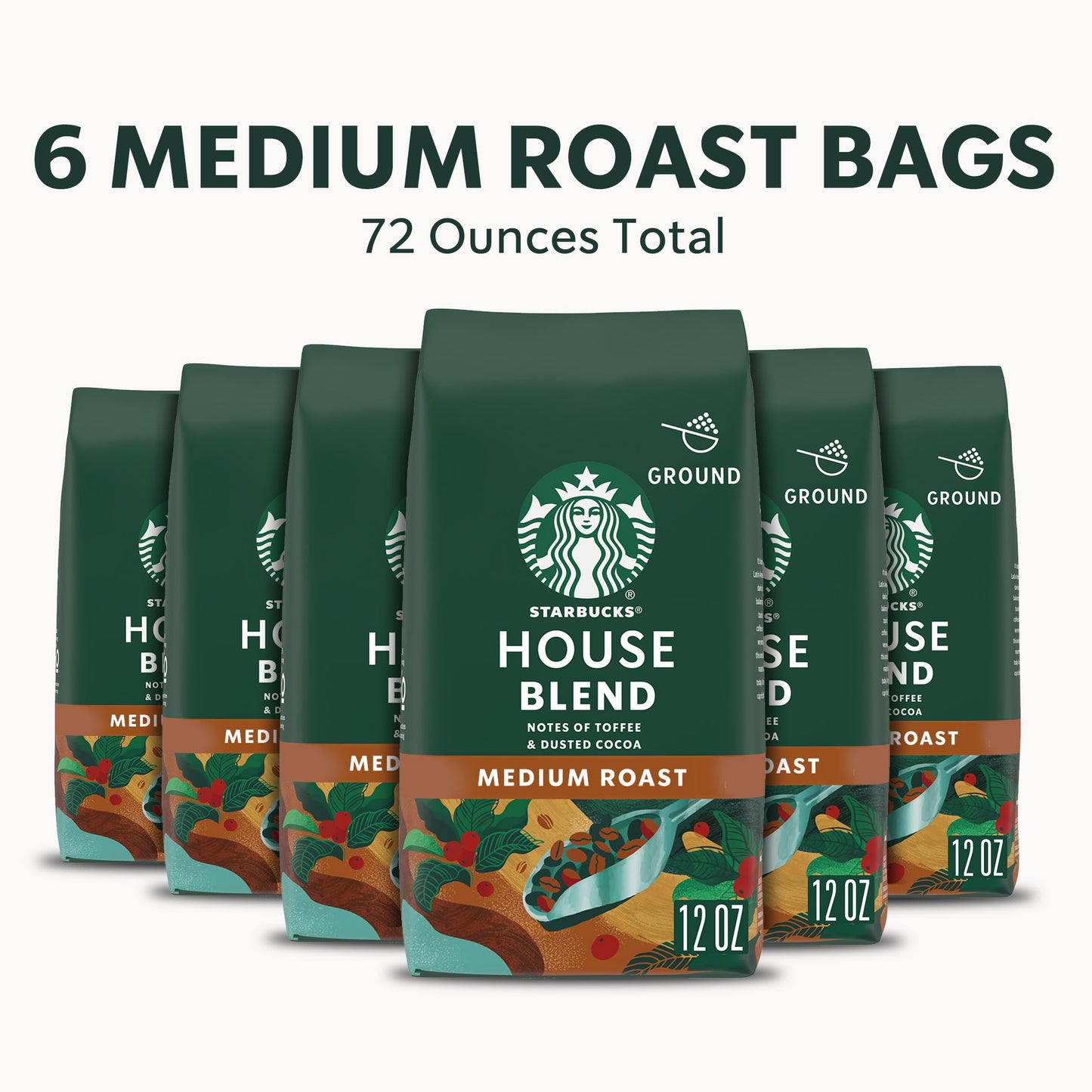 Starbucks Ground Coffee House Blend, Medium Roast, 12 oz bags, Pack of 6, 100% Arabica