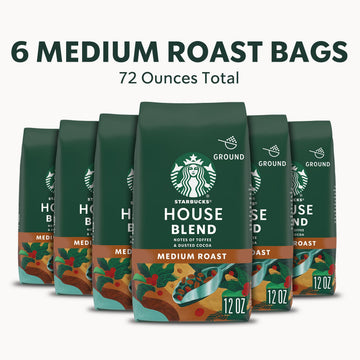 Starbucks Ground Coffee House Blend, Medium Roast, 12 oz bags, Pack of 6, 100% Arabica