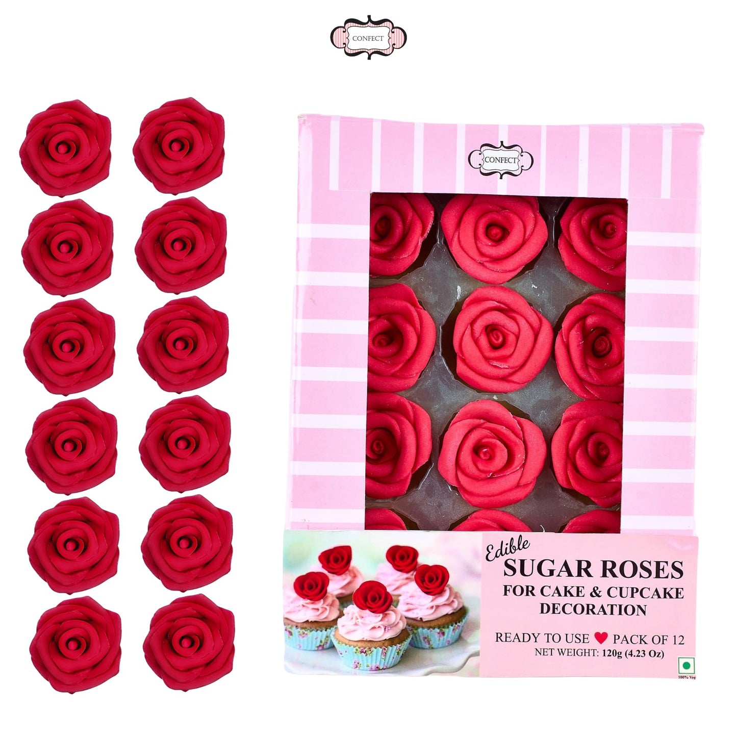 Confect Edible Crimson Pink Roses - 12-Pack Edible Roses For Cake Decoration - Bold Floral Toppers For Desserts- Vegan, Gluten-F