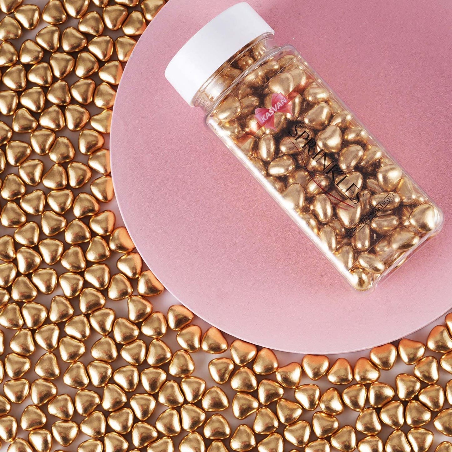 Kasvan Gold Heart Shapes Sprinkles - Edible Candy Pearls 100G/3.58 Oz, Mix Size, Baking Cake Decorations, Ice Cream Toppings And