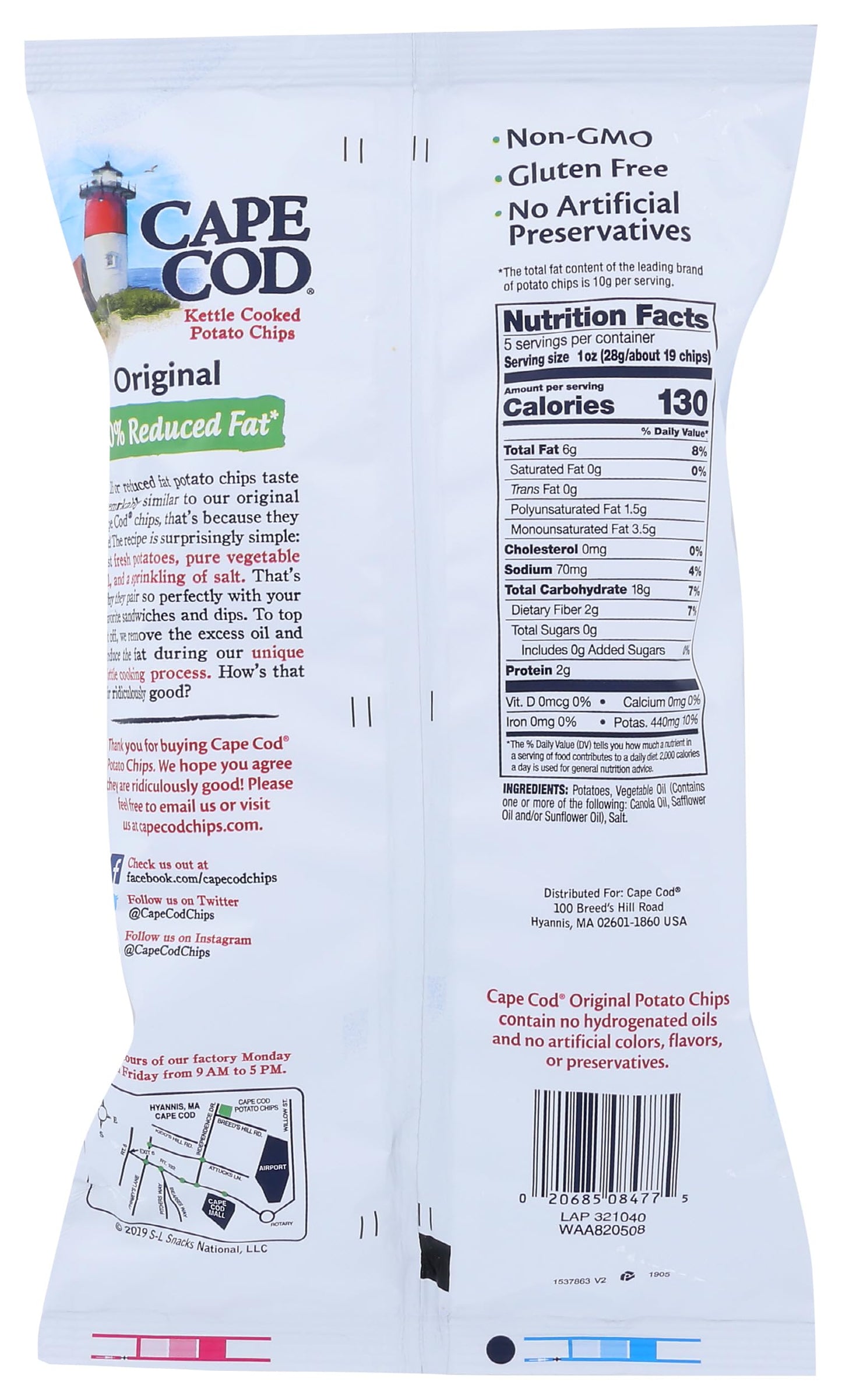 Cape Cod Potato Chips, Potato Chips Reduced Fat, 5 Ounce