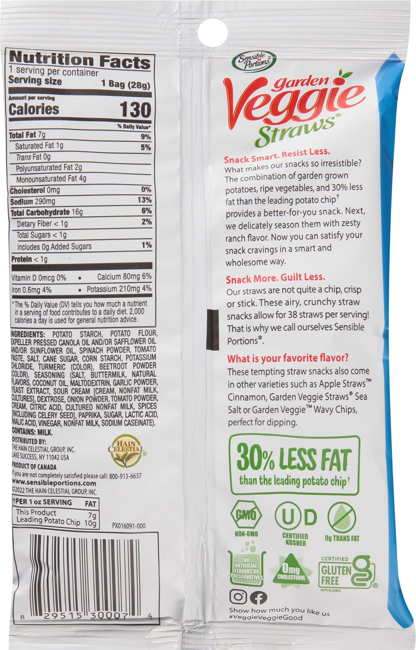 Sensible Portions Garden Veggie Straws, Ranch, Snack Size, 1 Oz (Pack Of 24)