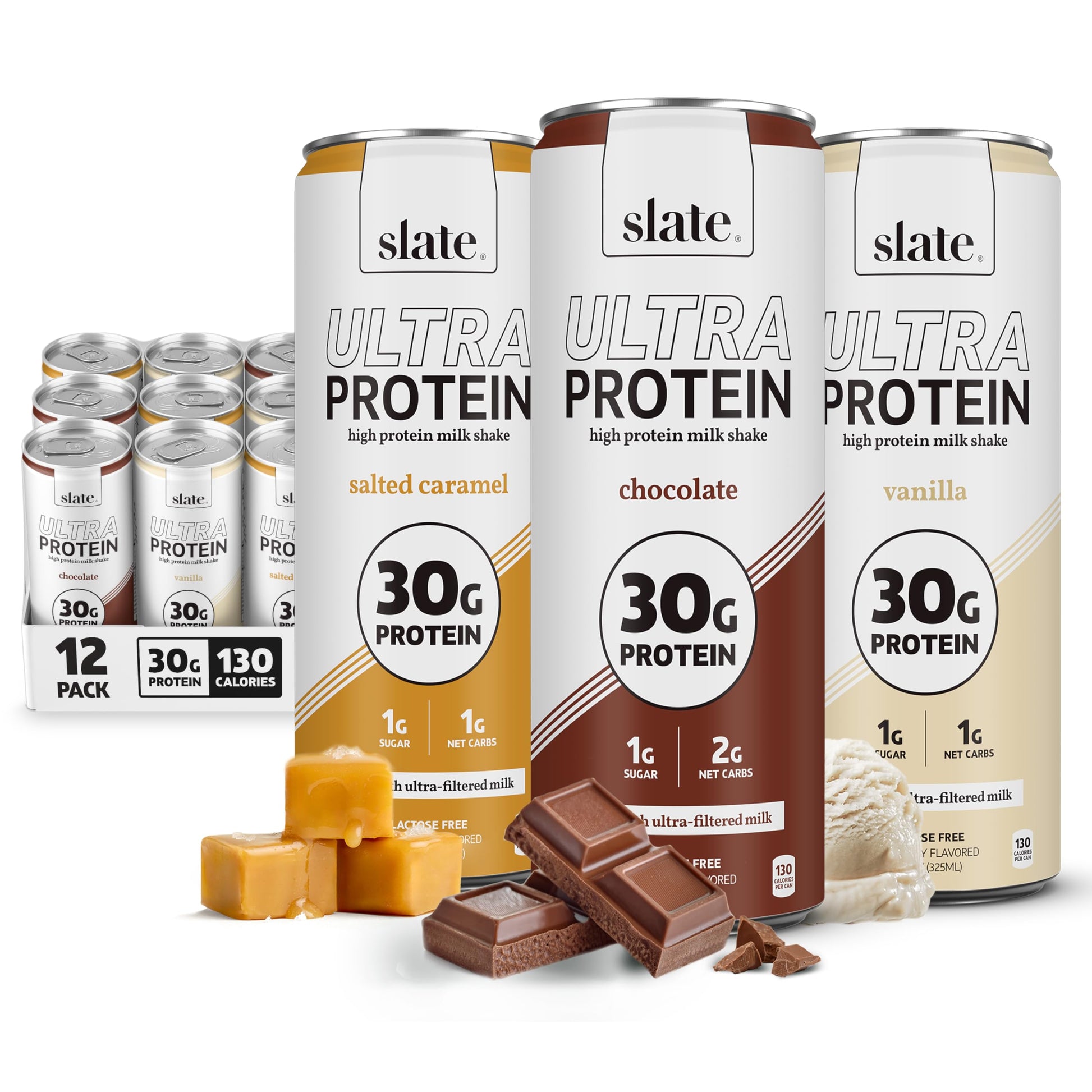 Slate Milk - Ultra Protein Shake - Sweet & Salty Pack - Chocolate  Vanilla  Salted Caramel - 30G Protein  1G Sugar  130 Calories  2G Net Carbs - Lactose Free  No Added Sugar - 11 Fl Oz  12 Cans