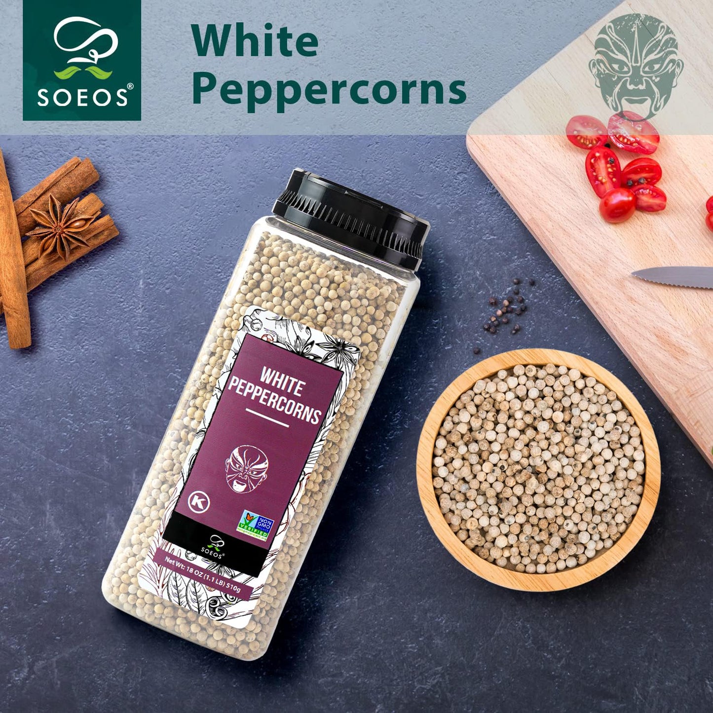 Soeos White Peppercorns, 18oz (Pack of 1), Non-GMO, Kosher, Packed to Keep Peppers Fresh, Peppercorn for Grinder Refill, Whole P