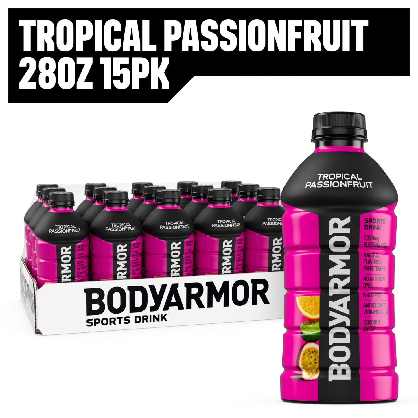 BODYARMOR Sports Drink, Tropical Passionfruit, Electrolyte Hydration, 28 Fl Oz (15 Pack) with B Vitamins & Antioxidants