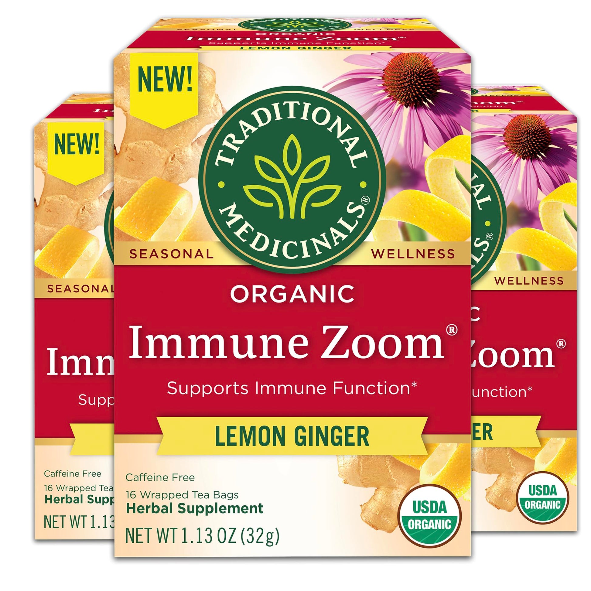 Traditional Medicinals Tea, Organic Immune Zoom, 48 Tea Bags, Lemon Ginger Flavor, 3 Pack