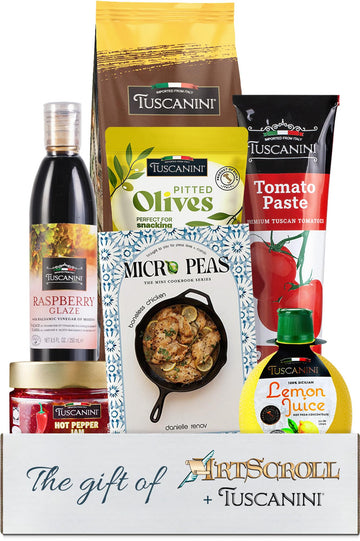 Purim Shalach Manos Gift Basket, Elegant Mishloach Manot Gift Box, Kosher Gift Basket, MicroPeas Cookbook, Tuscanini Snack Olive