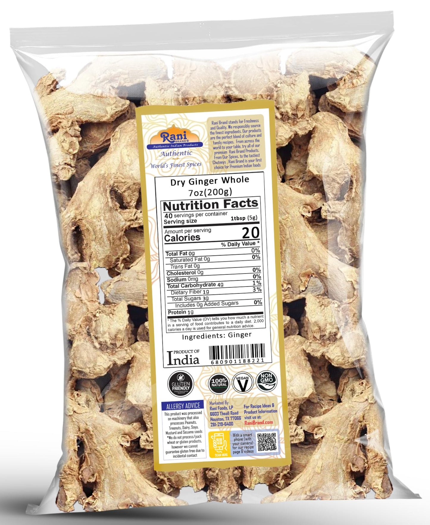 Rani Ginger (Adarak Sabut) Whole, Spice 7Oz (200G) ~ All Natural | Vegan | Gluten Friendly | Non-Gmo | Kosher | Indian Origin
