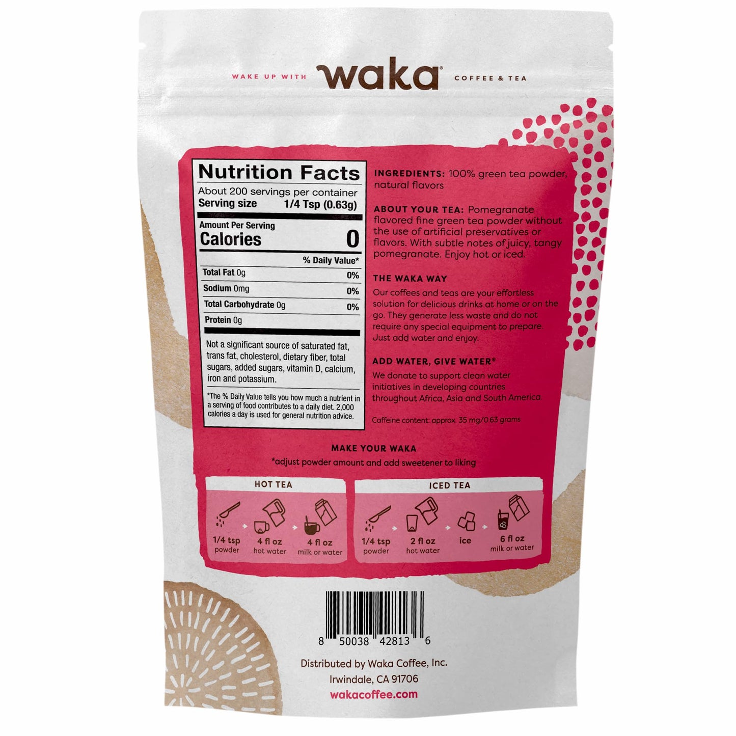 Waka Instant Green Tea Mix, Pomegranate Flavored - 100% Tea Leaves, No Additives, Unsweetened Tea Powder In Bulk Pouch - Easy Qu