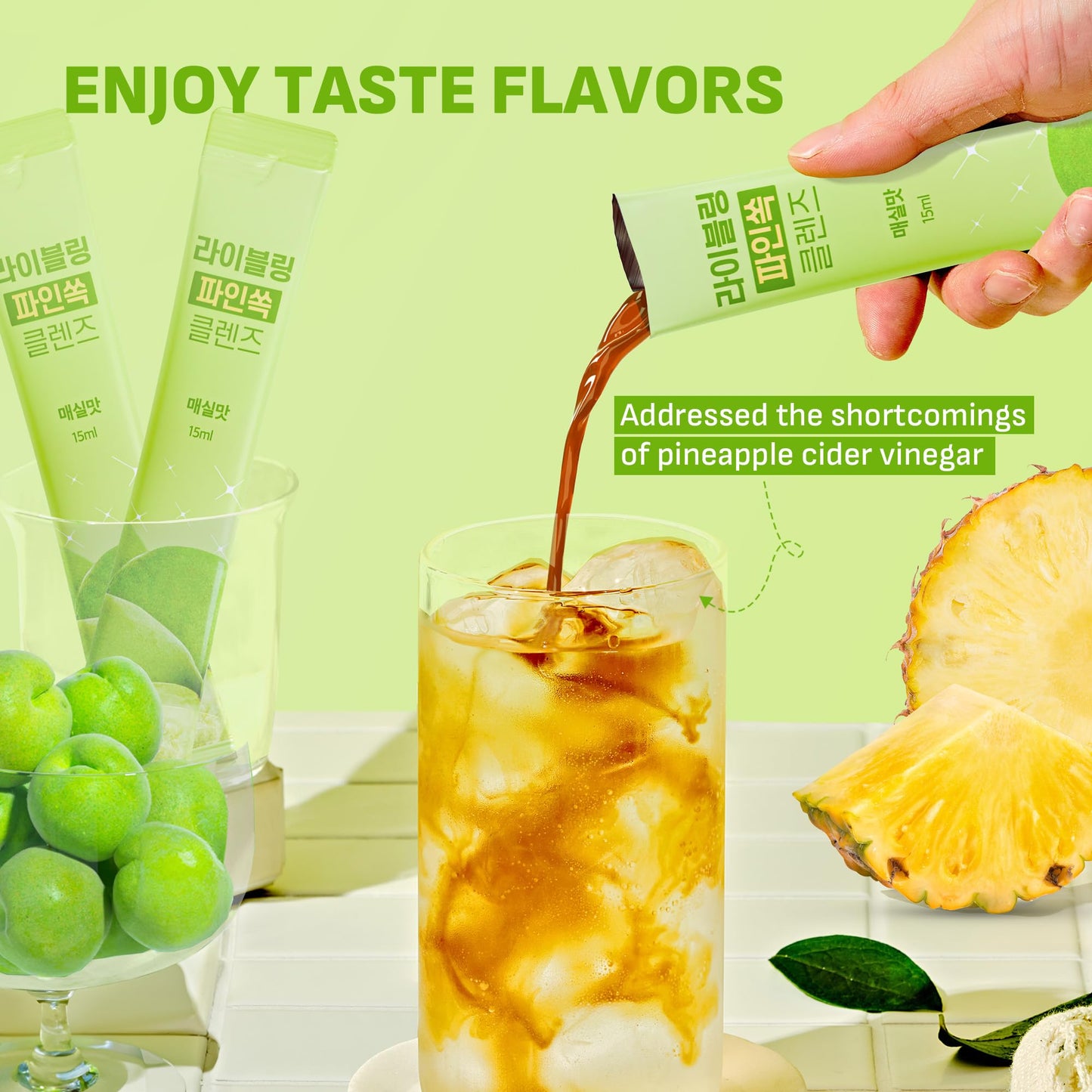 LIVELING Pineapple Cider Vinegar Drink Sticks, Korean-Plum Flavor, Sugar-Free, Low-Calorie, 30 Pack, 0.51 Fl Oz Each