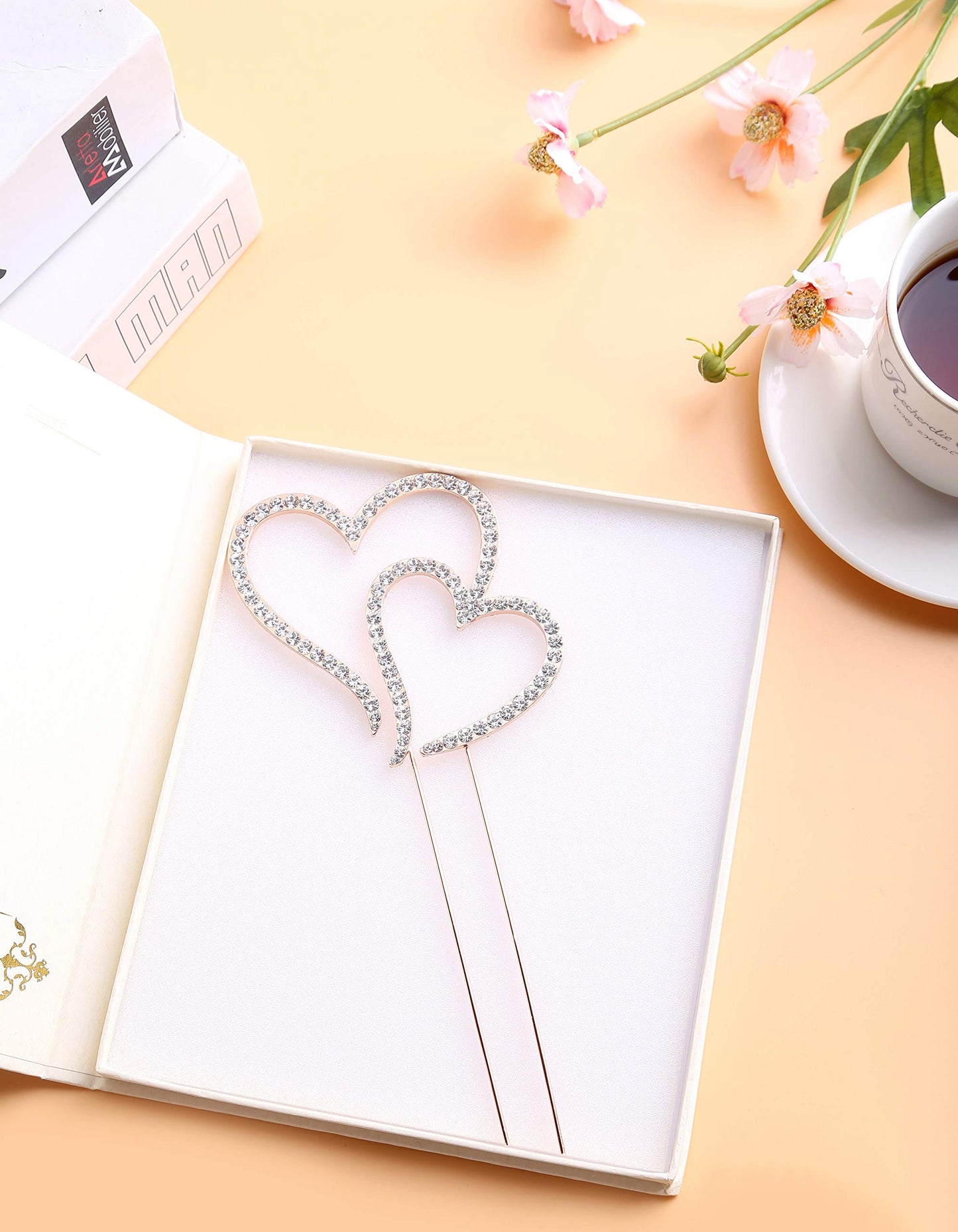 LOVENJOY Double Hearts Cake Topper, Rose Gold, Crystal Rhinestones, 3.5 Inches, Model GA-TH0100A-R