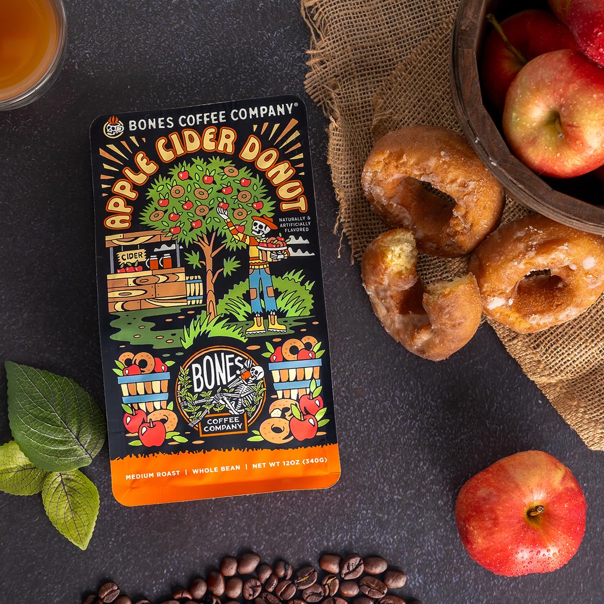Bones Coffee Company Apple Cider Donut Flavored Coffee, Medium Roast, 12 Oz Whole Bean
