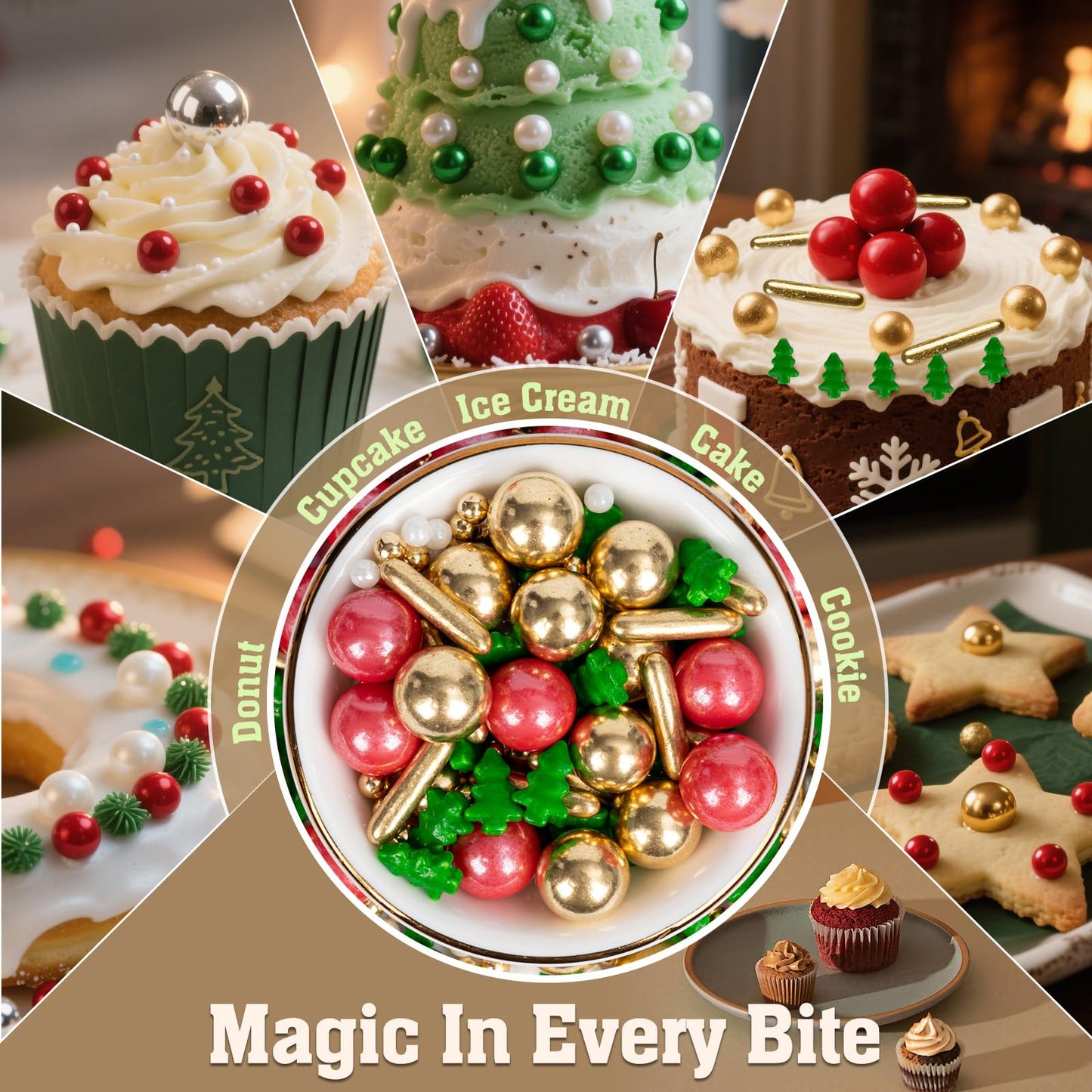 Twisweet Christmas Sprinkles, Gold and Red Pearls for Cake Decorating, Edible Christmas Tree Sugar Sprinkles for Baking, Candy P