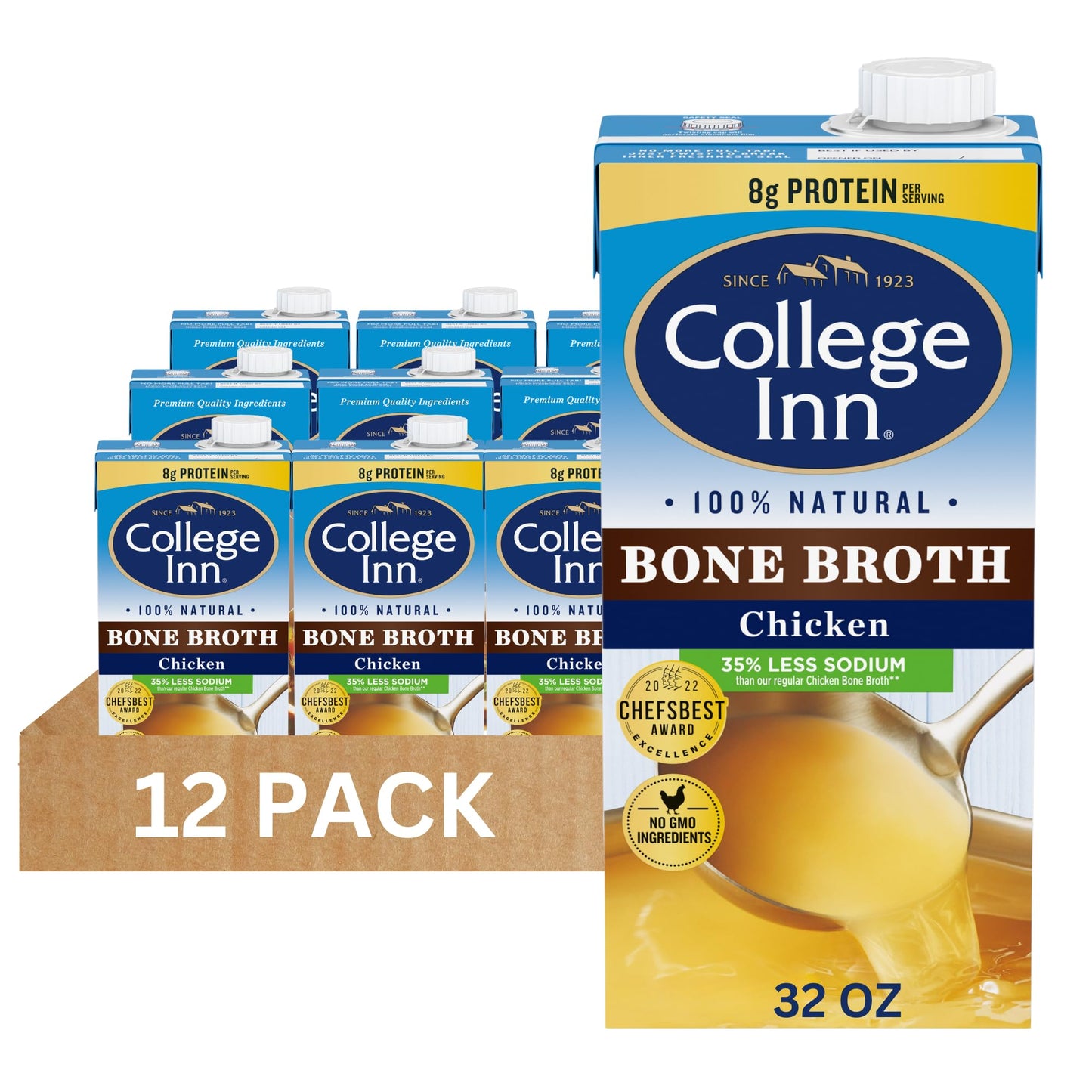 College Inn Chicken Bone Broth, Reduced Sodium, 32 Fl Oz, Pack of 12