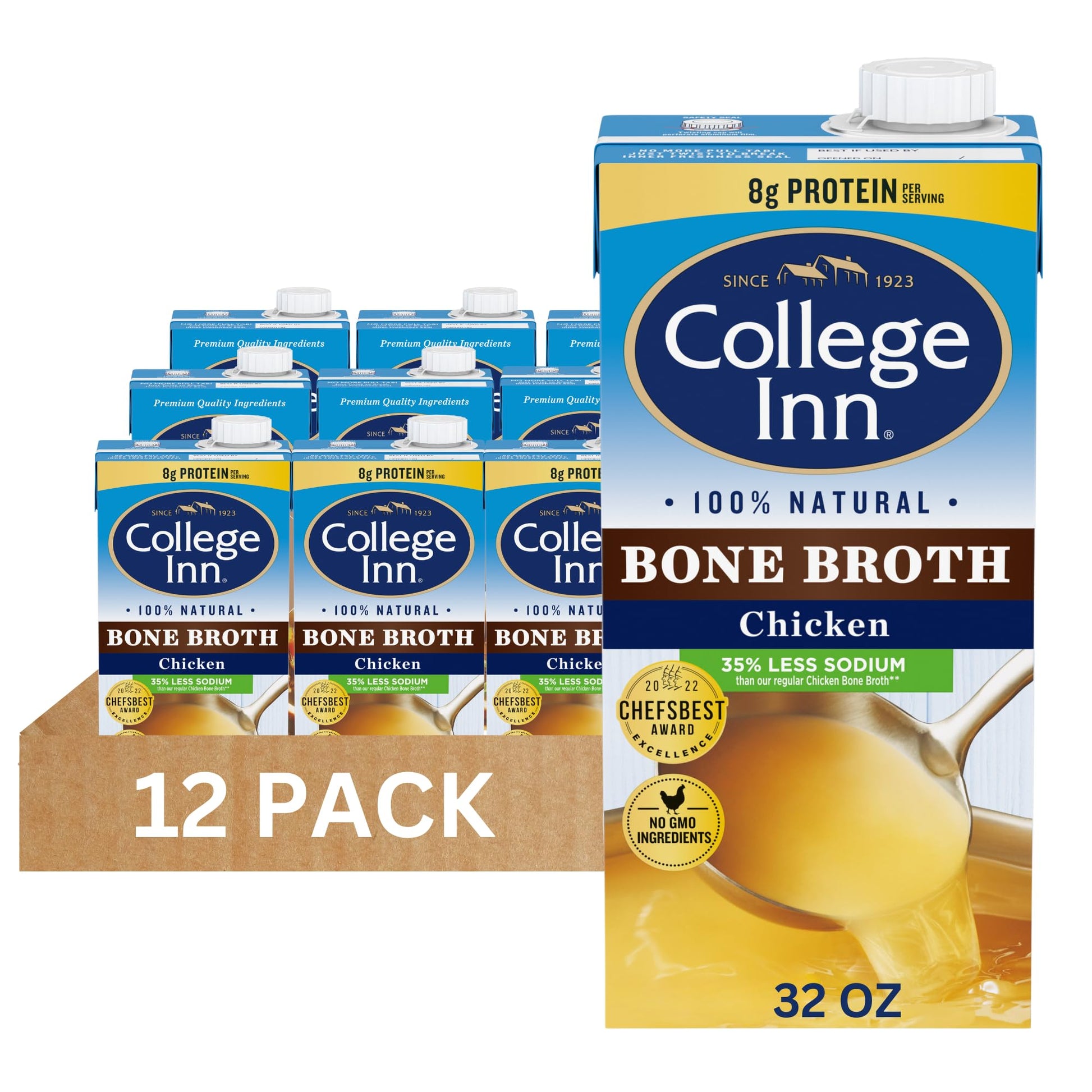 College Inn Chicken Bone Broth, Reduced Sodium, 32 Fl Oz, Pack of 12