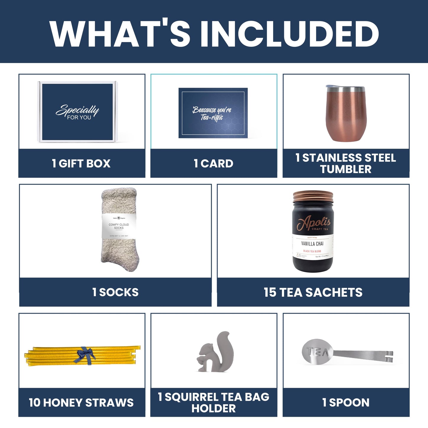 Modern Elegance Tea Gift Set for Women with 15 Tea Sachets, 10 Honey Straws, Cozy Socks, and Greeting Card - Vanilla Chai