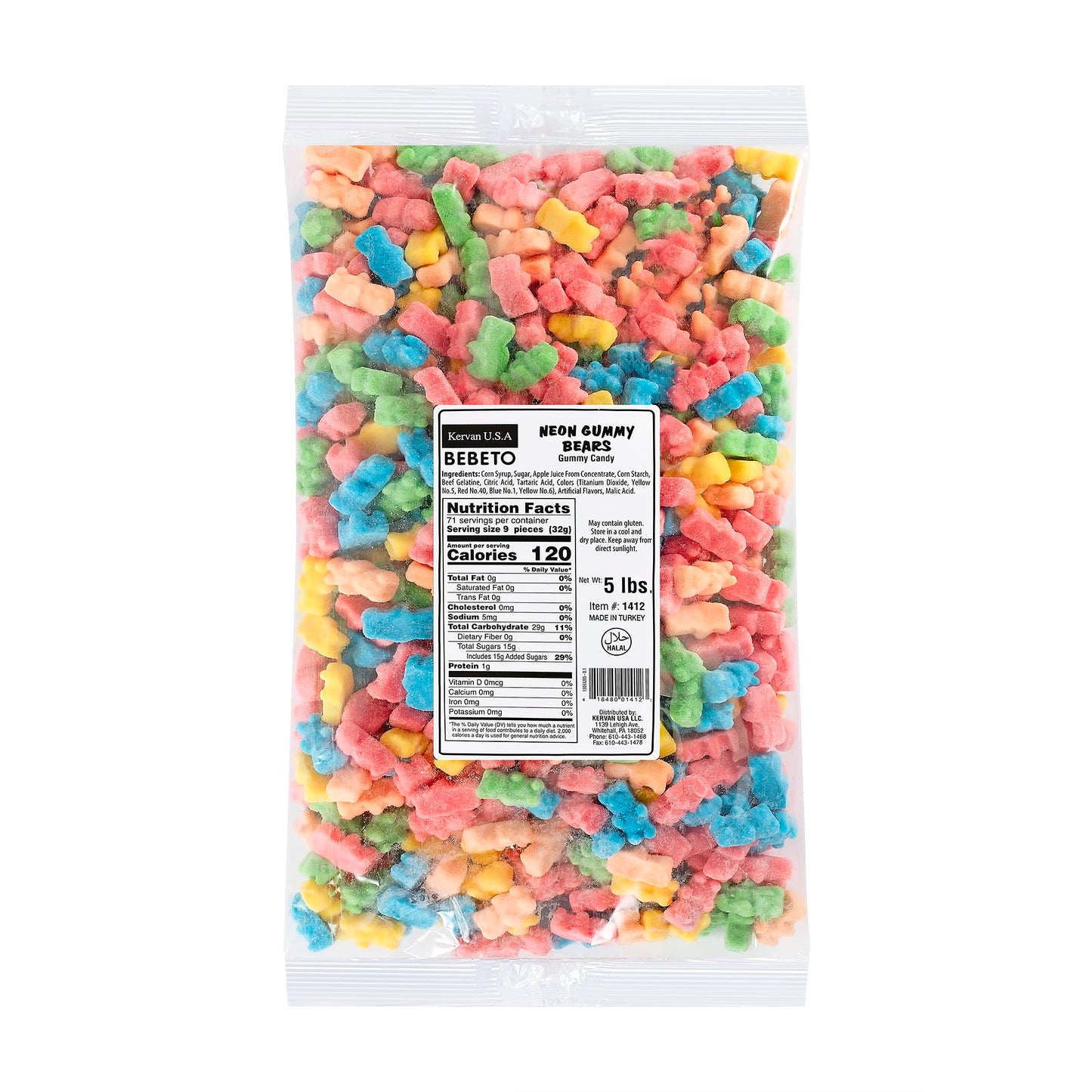 Kervan Candy Bebeto Neon Gummy Bears - Fruity, Soft & Sour Gummy Candy Bulk For Kids, Gift Snacks And Parties - Neon Gummy Bears Candy Party Size Bag (5 Lbs)