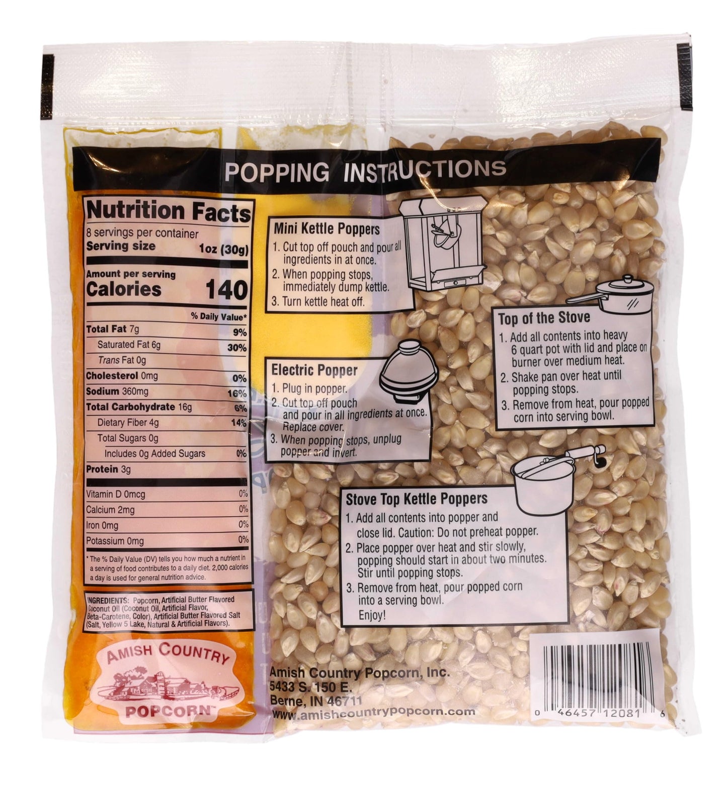 Amish Country Popcorn All-In-One Kernel Packs Hulless Popcorn Oil & Salt 10.75 oz Pack of 24