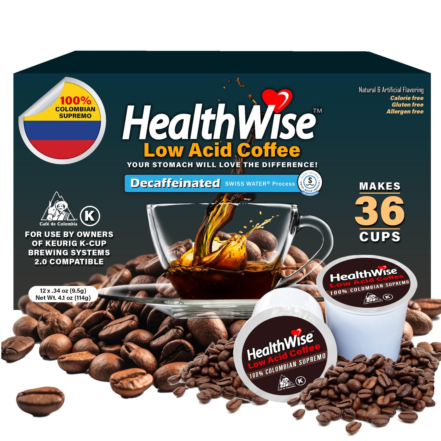 Healthwise Low Acid Unflavored Decaf  Chemical-Free Swiss Water Process  99.9% Caffeine Free  100% Colombian Coffee K-Cups - Medium Roast  Healthier for Sensitive Stomachs - 36 Count (Pack of 3)