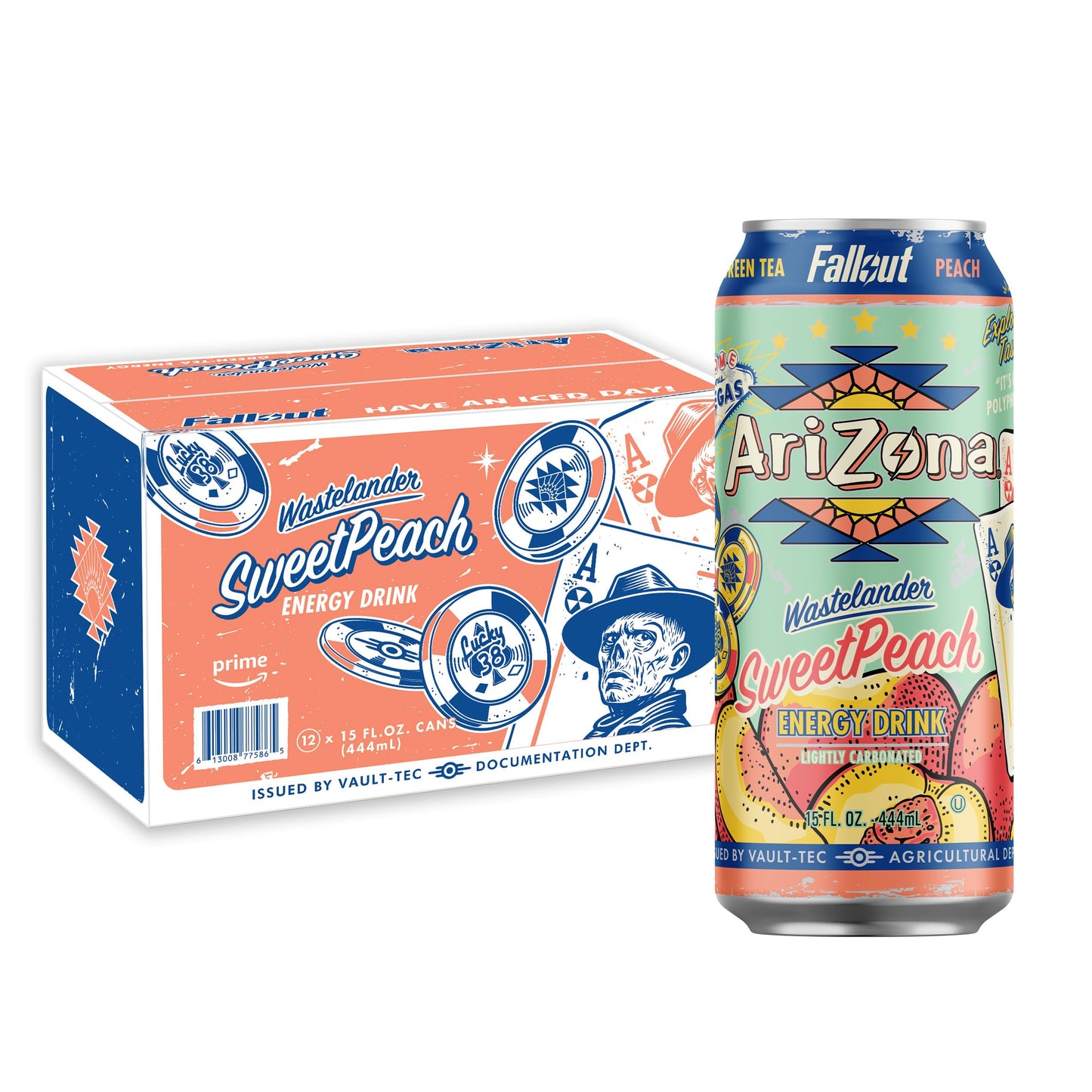 Arizona X Fallout Sweet Peach Green Tea Energy Drink  15 Fl Oz (Pack Of 12) - 190Mg Energy Blend Per Can