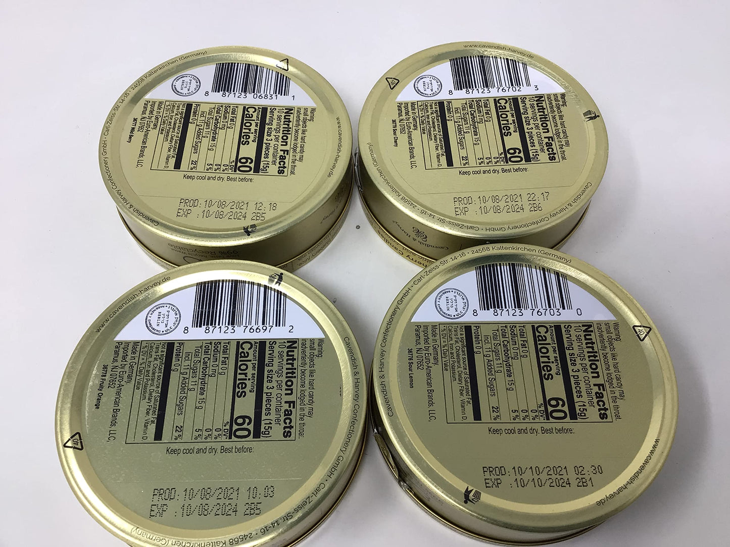 Cavendish & Harvey | Variety Flavor Hard Candy Drops | Orange  Wild Berry  Sour Lemon  & Sour Cherry | 5.3 Ounce Tins - 4 Pack