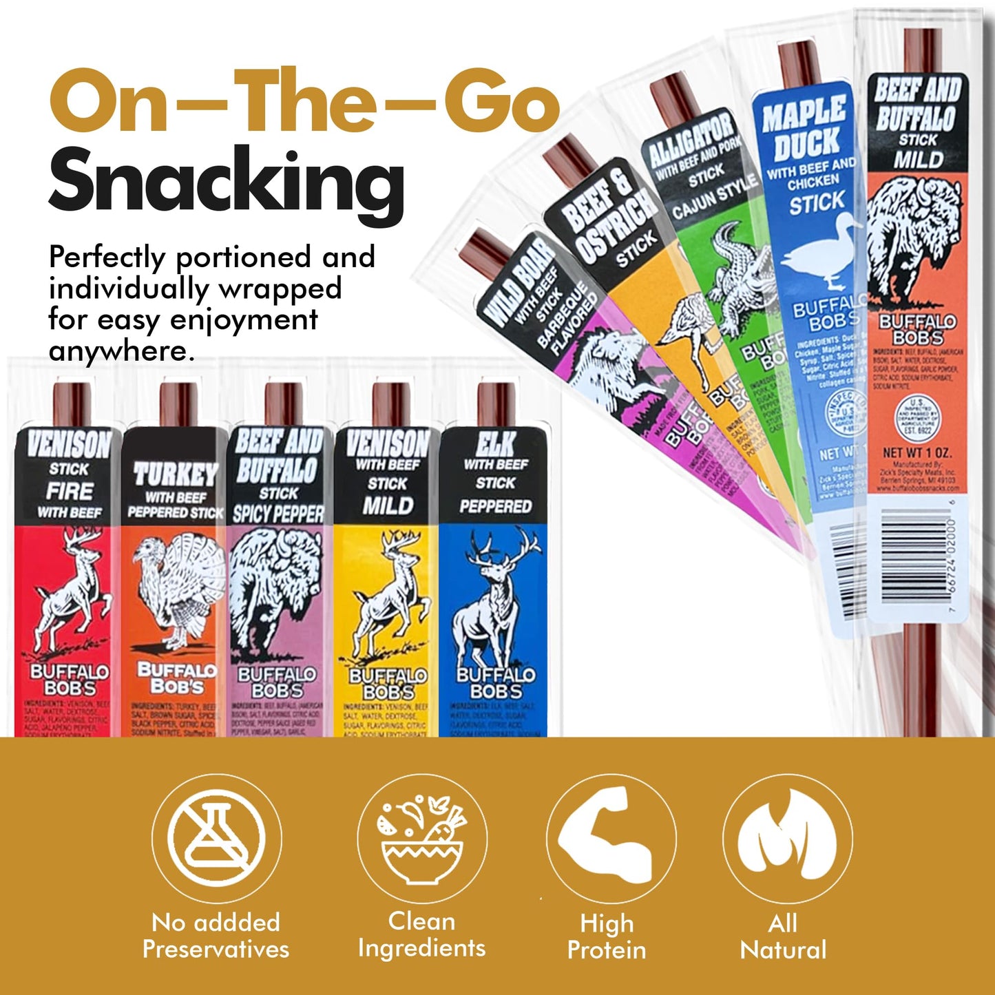 Jerky-n-Spice Wild Game Meat Sticks, 10-Pack, Exotic Beef Jerky Snacks, 0.75 Ounce Each