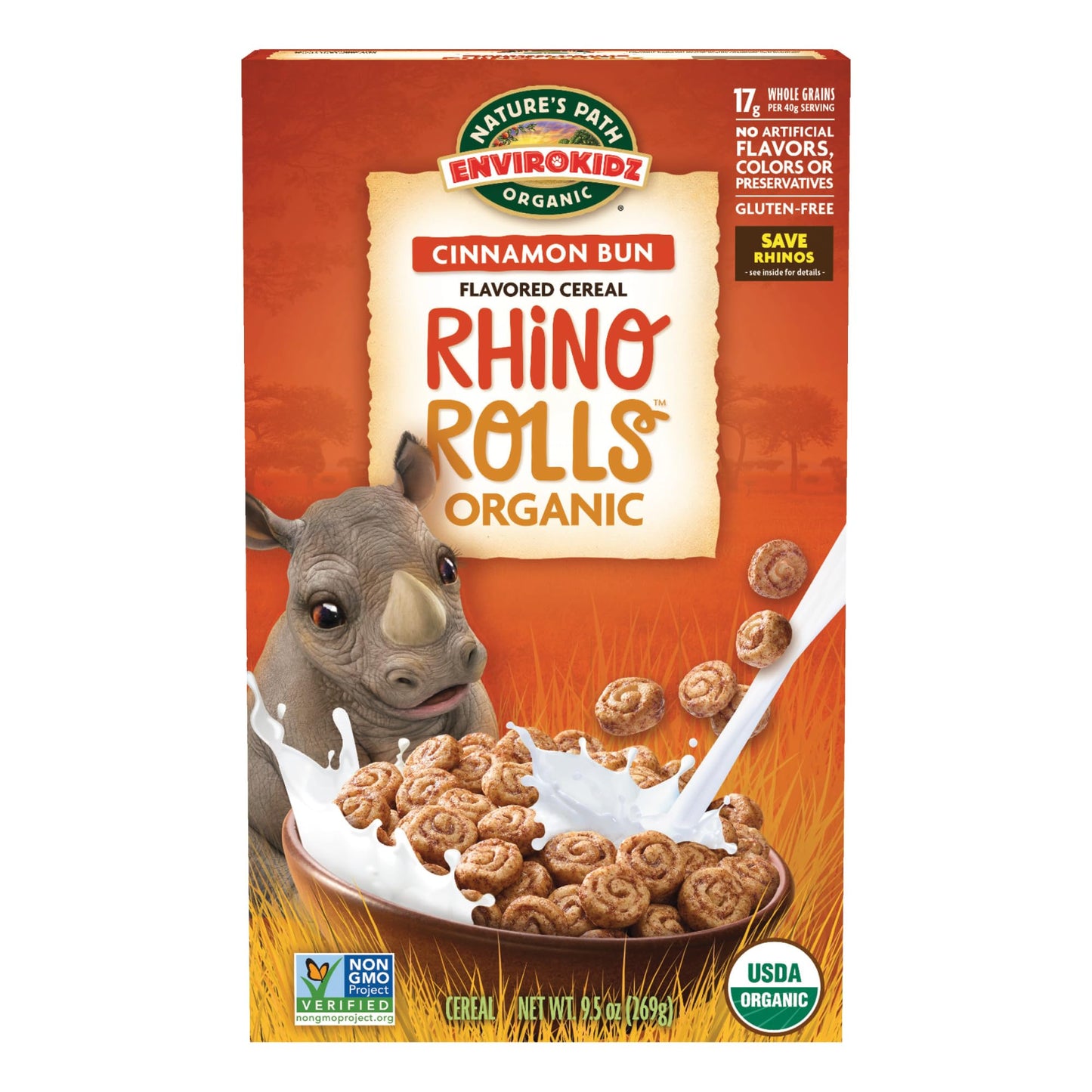 EnviroKidz Organic Rhino Rolls Cereal, 9.5 oz (Pack of 1), Cinnamon Bun, Gluten Free, Non-GMO, by Natures Path