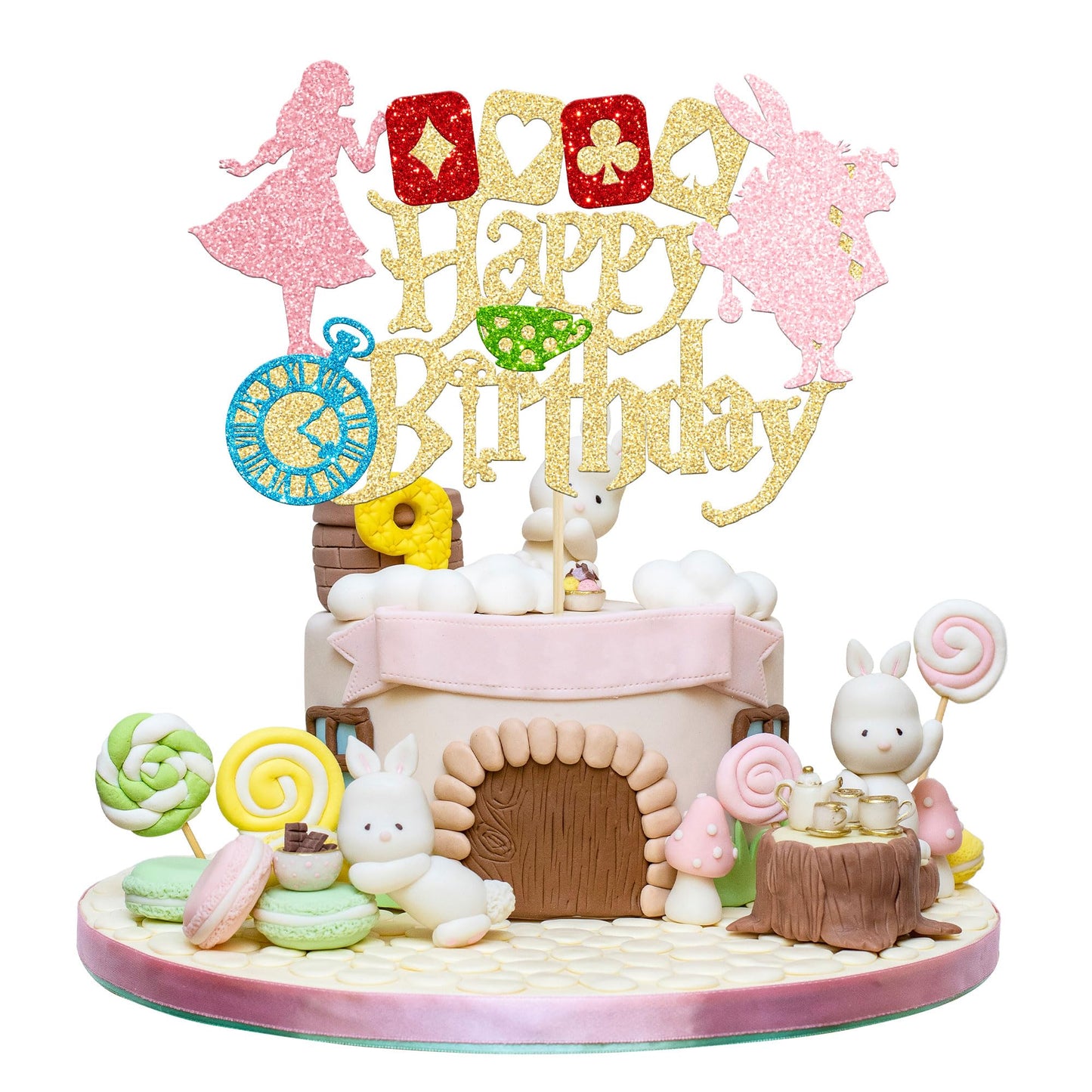 Gyufise Cake Topper Gold Glitter Alice in Wonderland Theme, Small, Paper
