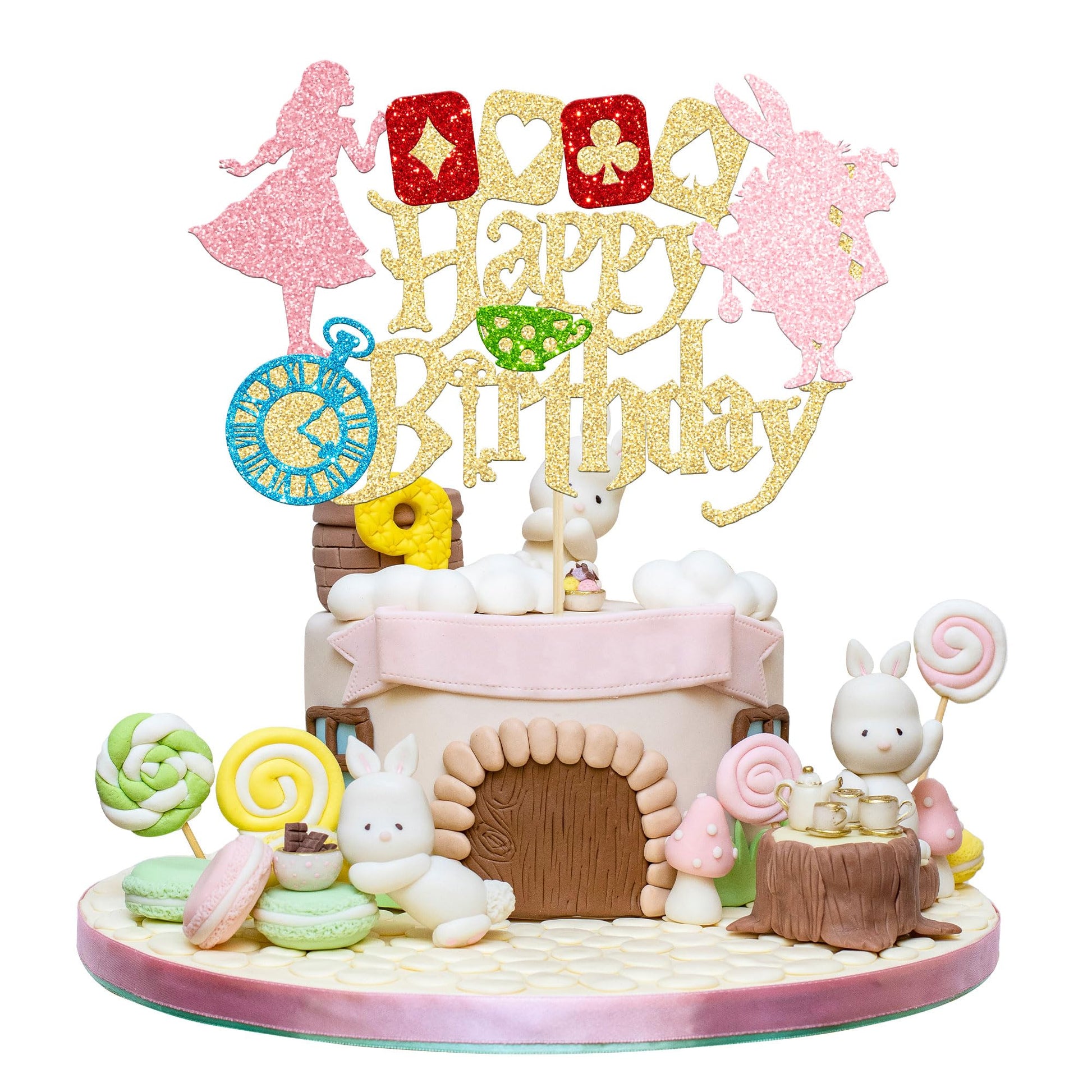 Gyufise Cake Topper Gold Glitter Alice in Wonderland Theme, Small, Paper