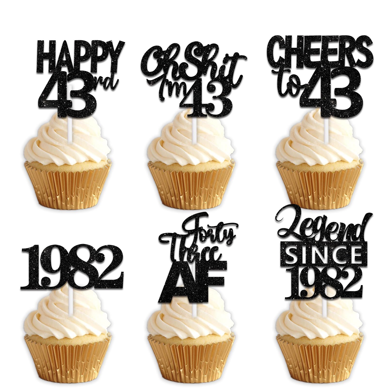 18pcs Black Glitter Happy 43rd Dessert Cupcake Topper Pick for Funny Legend Since 1982 Theme Decor Supplies Men Women Happy 43 B