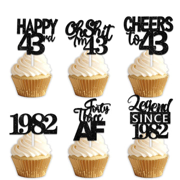 18pcs Black Glitter Happy 43rd Dessert Cupcake Topper Pick for Funny Legend Since 1982 Theme Decor Supplies Men Women Happy 43 B
