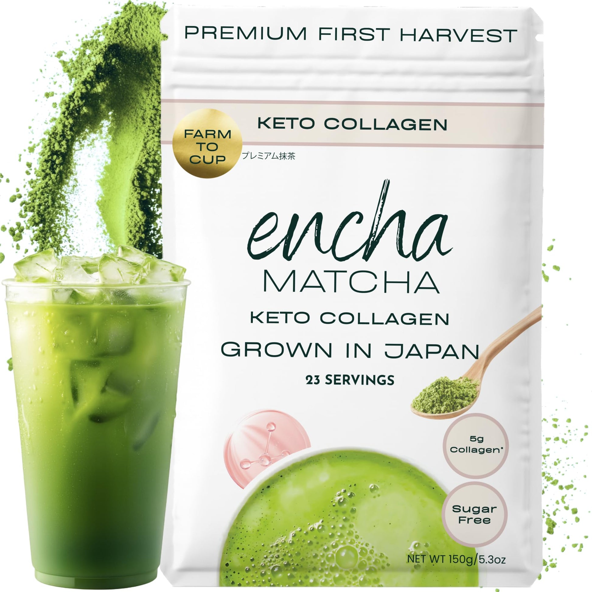Encha Matcha Latte Powder - Keto Collagen Matcha Powder With Protein - First Harvest - Top-Grade Japanese Macha - 150G / 5.3Oz