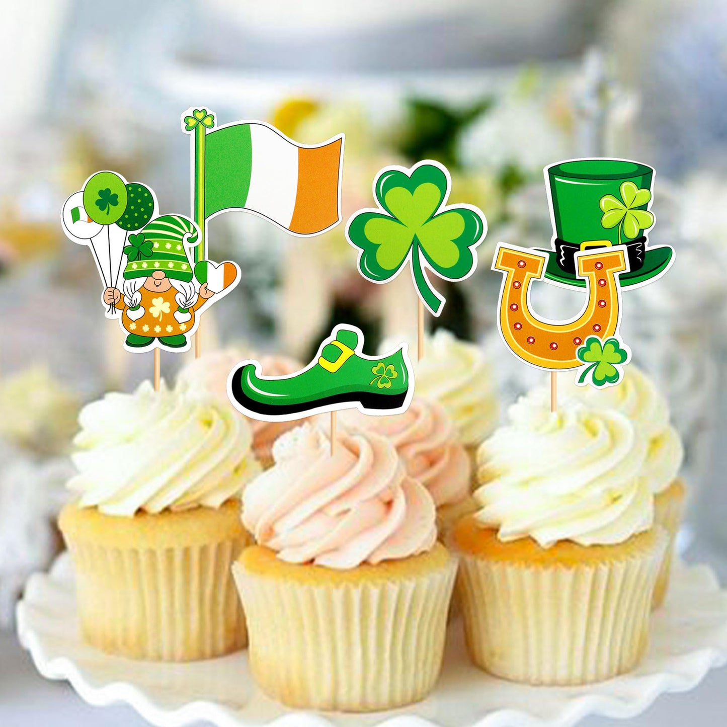 Ercadio 24 Pack Happy St Patrick'S Day Cupcake Toppers Glitter Four Leaf Clover Shamrock Cupcake Picks Green Hat Cupcake Toppers