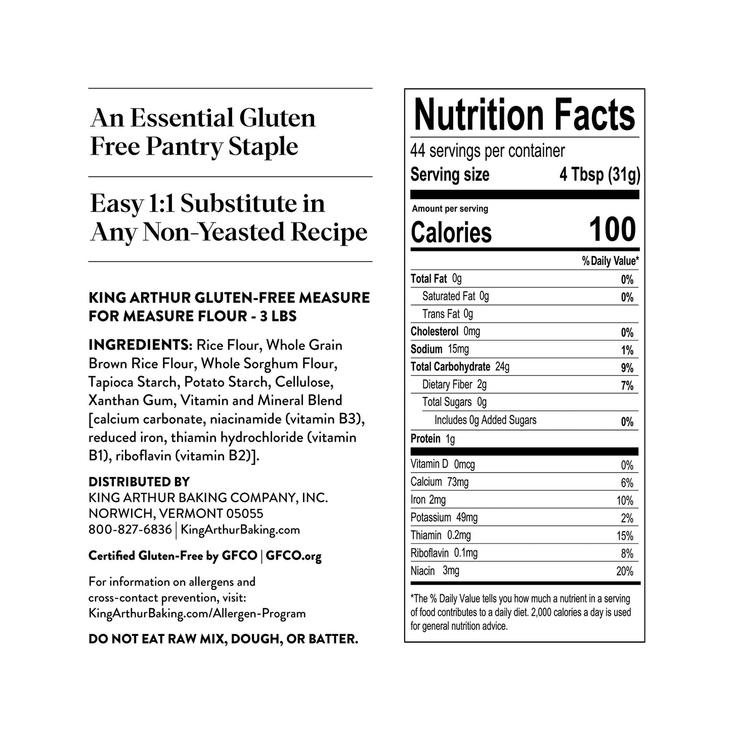 King Arthur, Measure for Measure Flour, Certified Gluten-Free, Non-GMO Project Verified, Certified Kosher, 3 Pounds, Packaging M