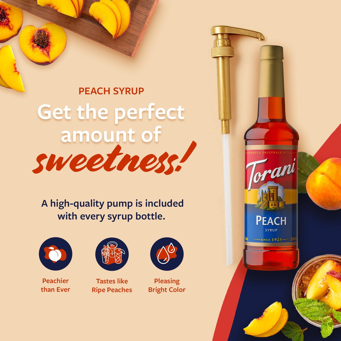 Torani Peach Syrup for Drinks  Flavoring for Iced Tea  Lemonade  and Sodas  Pump Included  25.4 Oz
