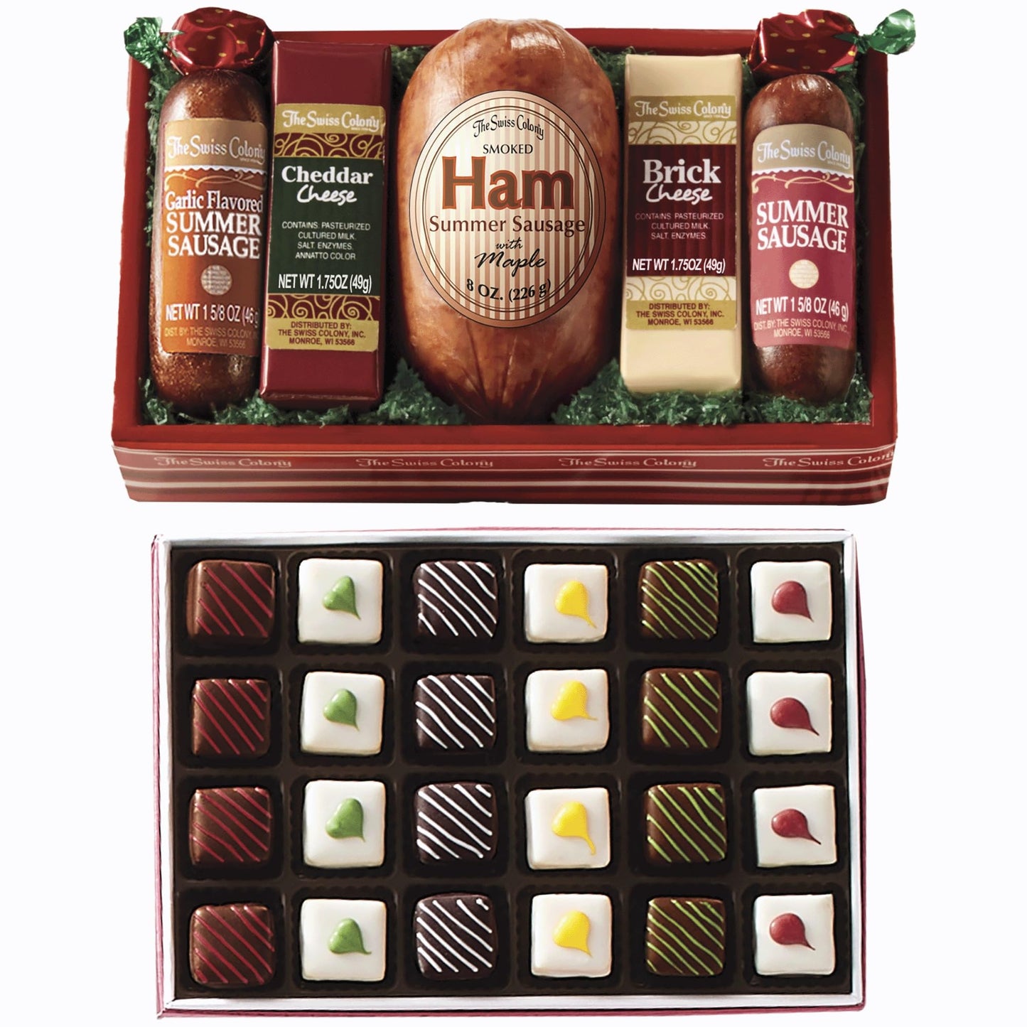 The Swiss Colony High 5 Food Bundle - Assorted Summer Sausages And Cheeses With Christmas Petits Fours - Assorted Chocolate And Mini Layer Cakes Holiday Gift Pack Of 24