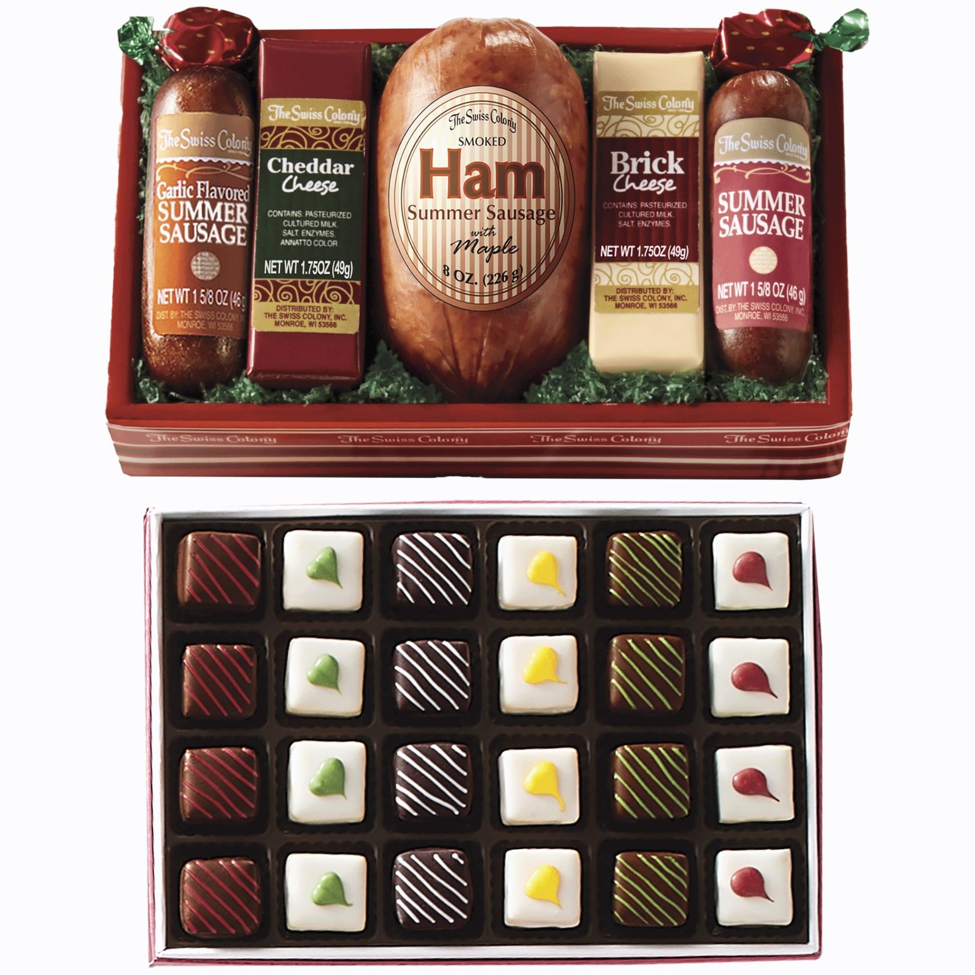 The Swiss Colony High 5 Food Bundle - Assorted Summer Sausages And Cheeses With Christmas Petits Fours - Assorted Chocolate And Mini Layer Cakes Holiday Gift Pack Of 24