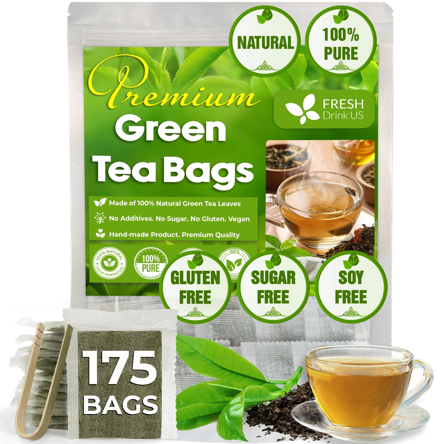 FRESHDRINKUS Green Tea Bags, 100% Natural & Pure Herbal Tea, 175 Count