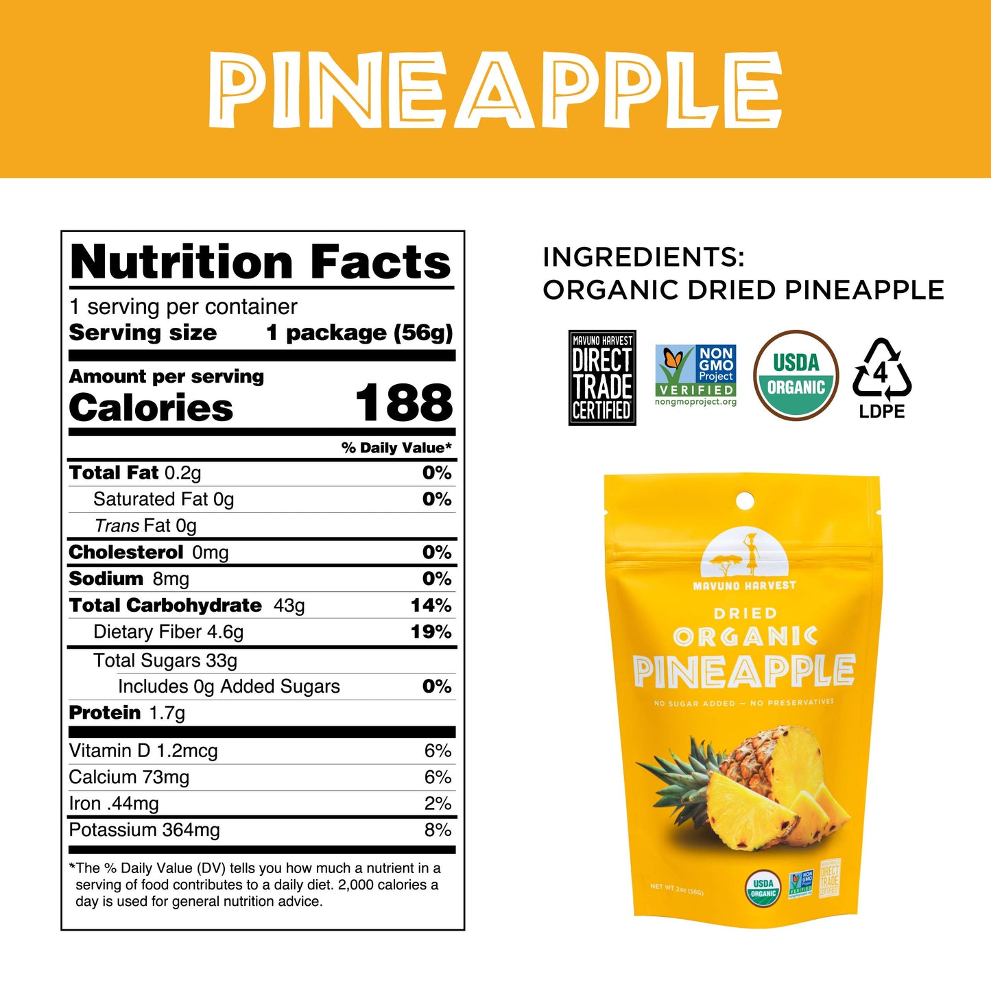 Mavuno Harvest Organic Dried Pineapple Chunks | Gluten Free | 2 Oz, Pack of 3