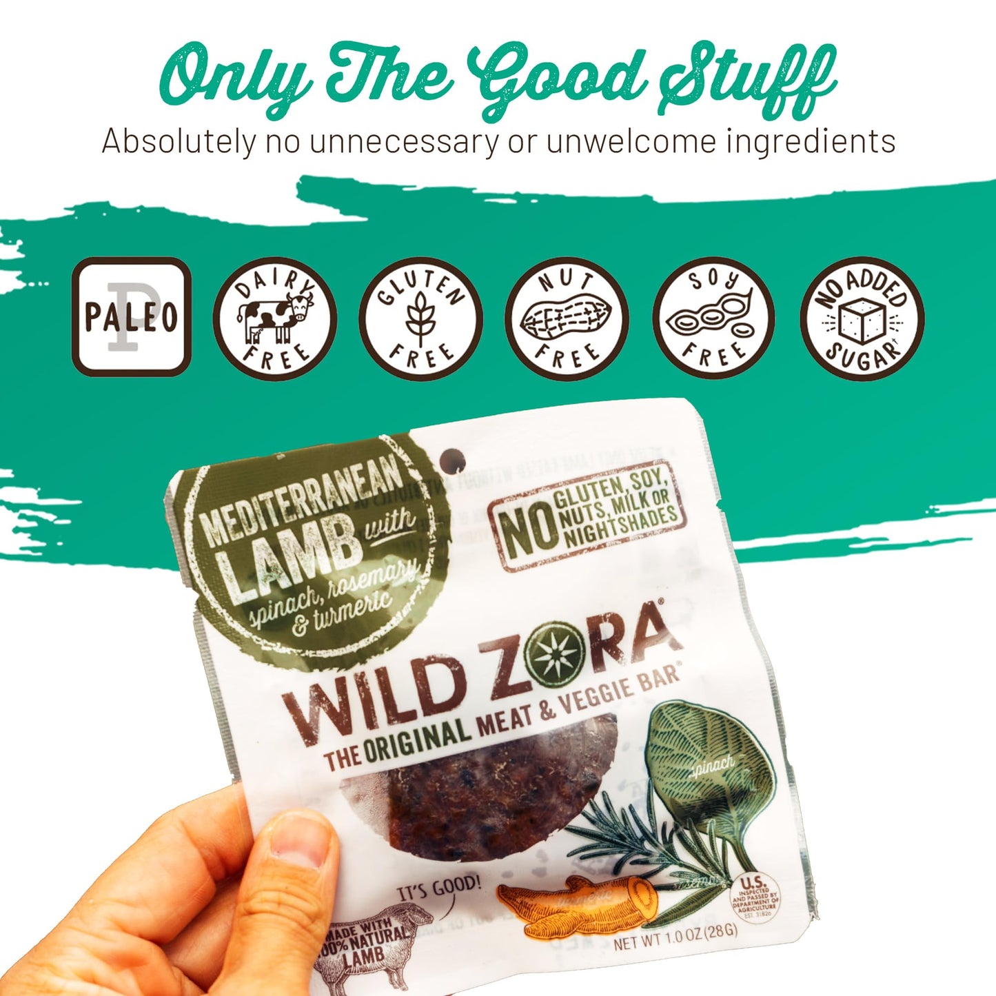 WILD ZORA Meat & Veggie Bars, Mediterranean Lamb, 10-Pack, Gluten Free, High Protein, 1 Ounce Each