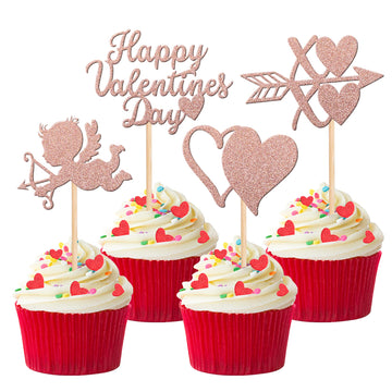 24 Pcs Happy Valentine'S Day Cupcake Toppers Glitter Sweet Love Heart Cupid Cupcake Picks For Valentine'S Day Theme Wedding Enga