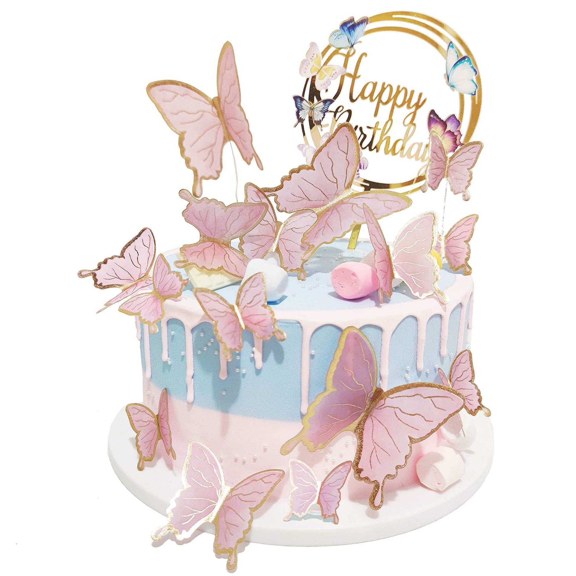 Butterfly Cake Toppers Decorations - 1 Big Happy Birthday Cake Topper & 15Pcs 3D Pink Gold Cupcake Toppers - Party Supplies For