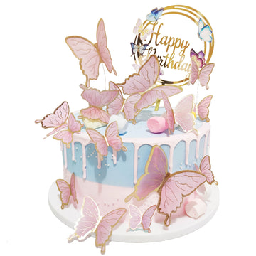Butterfly Cake Toppers Decorations - 1 Big Happy Birthday Cake Topper & 15Pcs 3D Pink Gold Cupcake Toppers - Party Supplies For